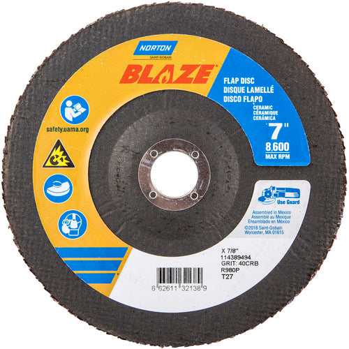 7 × 7/8″ Blaze Fiberglass HD Flat Flap Disc Type 27 40 Grit R980P Premium Ceramic Alumina - Makers Industrial Supply