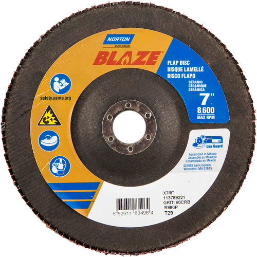 7 × 7/8″ Blaze Fiberglass Conical Flap Disc Type 29 60 Grit R980P Premium Ceramic Alumina - Makers Industrial Supply