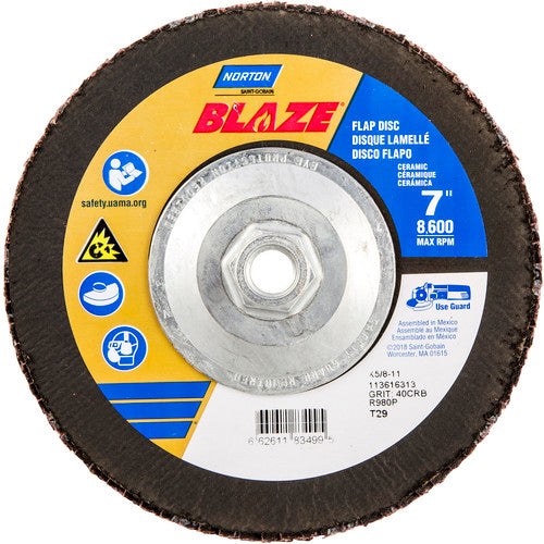 ‎7 × 5/8 - 11″ Blaze Fiberglass Conical Flap Disc Type 29 40 Grit R980P Premium Ceramic Alumina - Makers Industrial Supply