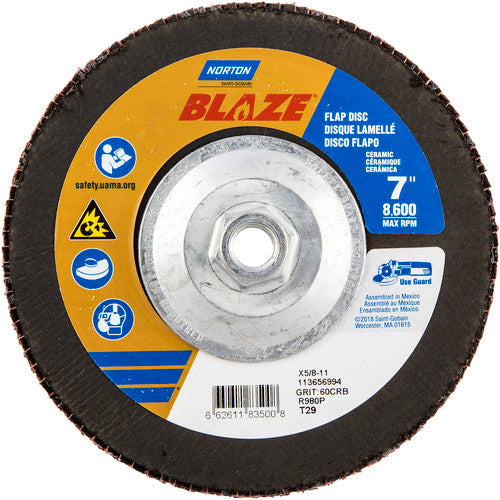 ‎7 × 5/8 - 11″ Blaze Fiberglass Conical Flap Disc Type 29 60 Grit R980P Premium Ceramic Alumina - Makers Industrial Supply