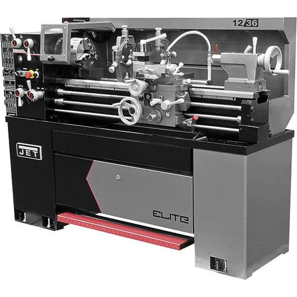 Jet - 12" Swing, 36" Between Centers, 230 Volt, Single or Triple Phase Engine Lathe - 2 hp, 1-9/16" Bore Diam, 30" Deep x 60" High x 71" Long - Makers Industrial Supply