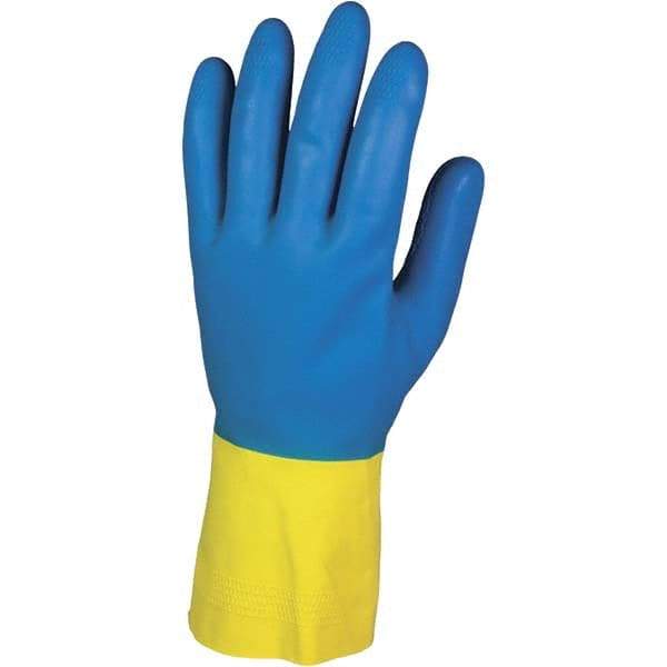 KleenGuard - Size S (7), 12" Long, 27.5 mil Thick, Supported, Latex/Neoprene Chemical Resistant Gloves - Textured Finish, Cotton Lined, Straight Cuff, Blue/Yellow, FDA Approved - Makers Industrial Supply