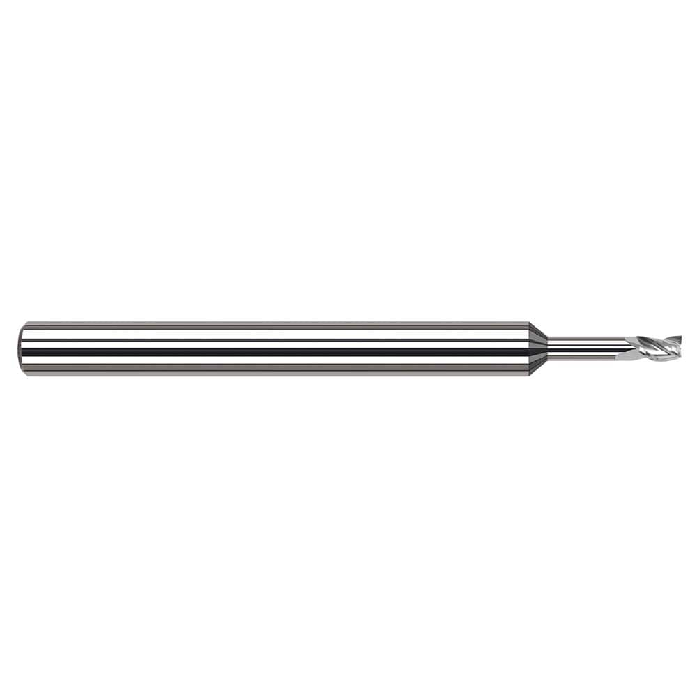 Square End Mill: 1/64'' Dia, 0.024'' LOC, 1/8'' Shank Dia, 2-1/2'' OAL, 3 Flutes, Solid Carbide Single End, Uncoated, 30 ° Helix, Centercutting, RH Cut, RH Flute