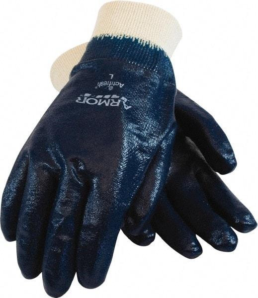 PIP - Size M (8), Supported, Nitrile Chemical Resistant Gloves - Textured Finish, Cotton Interlock Knit Lined, Knit Wrist Cuff, ANSI Abrasion Level 4, ANSI Cut Level 0, ANSI Puncture Level 1, Blue - Makers Industrial Supply