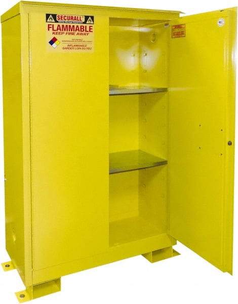 Securall Cabinets - 2 Door, 2 Shelf, Yellow Steel Standard Safety Cabinet for Flammable and Combustible Liquids - 69" High x 43" Wide x 18" Deep, Manual Closing Door, 3 Point Key Lock, 45 Gal Capacity - Makers Industrial Supply