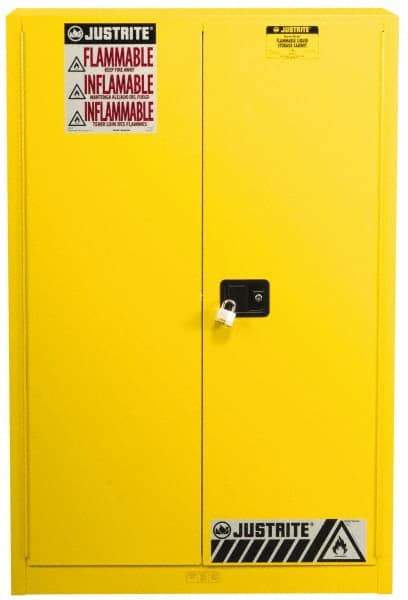 Justrite - 2 Door, 5 Shelf, Yellow Steel Standard Safety Cabinet for Flammable and Combustible Liquids - 65" High x 43" Wide x 18" Deep, Manual Closing Door, 3 Point Key Lock, 60 Gal Capacity - Makers Industrial Supply