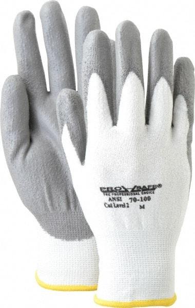 PRO-SAFE - Size M (8), ANSI Cut Lvl A2, Puncture Lvl 1, Abrasion Lvl 4, Polyurethane Coated HPPE Fiber Cut Resistant Gloves - 9" Long, Palm & Fingers Coated, HPPE Fiber Lining, Knit Wrist, White w/ Gray Coating, Paired - Makers Industrial Supply