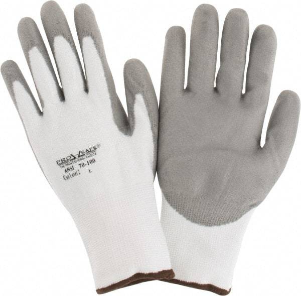 PRO-SAFE - Size L (9), ANSI Cut Lvl A2, Puncture Lvl 1, Abrasion Lvl 4, Polyurethane Coated HPPE Fiber Cut Resistant Gloves - 9" Long, Palm & Fingers Coated, HPPE Fiber Lining, Knit Wrist, White w/ Gray Coating, Paired - Makers Industrial Supply