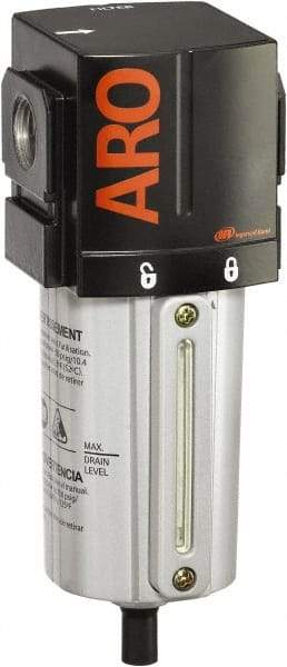 ARO/Ingersoll-Rand - 3/4" Port, 7.913" High x 2.874" Wide Standard Filter with Metal Bowl, Automatic Drain - 216 SCFM, 250 Max psi, 175°F Max Temp, Sight Glass Included, Modular Connection, 2.8 oz Bowl Capacity - Makers Industrial Supply