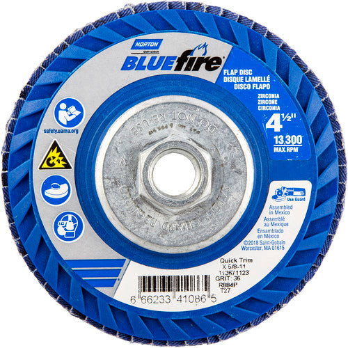 ‎4-1/2 × 5/8 - 11″ BlueFire Plastic Flat Flap Disc Type 27 P36 Grit R884V1 Zirconia Alumina - Makers Industrial Supply