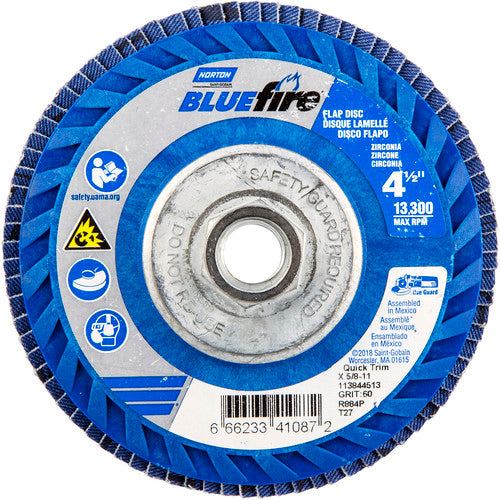 ‎4-1/2 × 5/8 - 11″ BlueFire Plastic Flat Flap Disc Type 27 P60 Grit R884V1 Zirconia Alumina - Makers Industrial Supply