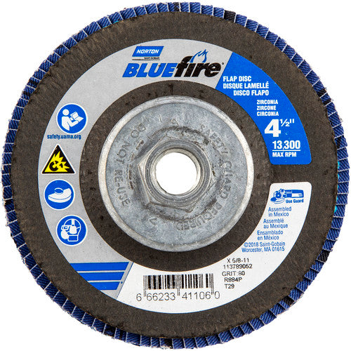 ‎4-1/2 × 5/8 - 11″ BlueFire Fiberglass Conical Flap Disc Type 29 P80 Grit R884V1 Zirconia Alumina - Makers Industrial Supply