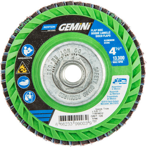 ‎4-1/2 × 5/8 - 11″ Gemini Plastic Flat Flap Disc Type 27 P120 Grit R766 Zirconia Alumina - Makers Industrial Supply