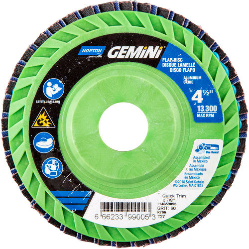 ‎4-1/2 × 7/8″ Gemini Plastic Flat Flap Disc Type 27 P60 Grit R766 Zirconia Alumina - Makers Industrial Supply