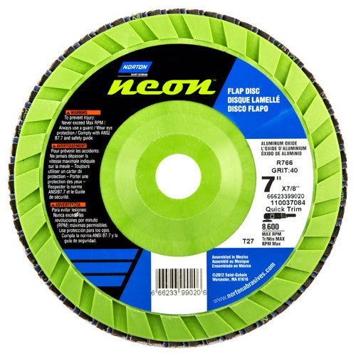 7″ × 1/4″ × 7/8″ Neon R766 Flap Disc Type 27 Flat 36 Grit - Makers Industrial Supply