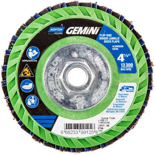 ‎4-1/2 × 5/8 - 11″ Gemini Plastic Flat Flap Disc Type 27 P36 Grit R766 Zirconia Alumina - Makers Industrial Supply