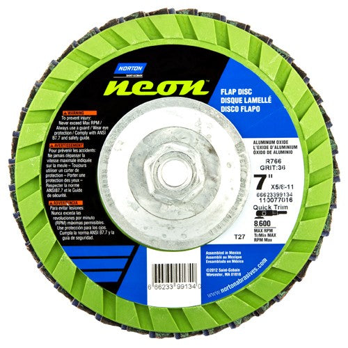 ‎7″ × 1/4″ × 5/8″-11 Neon R766 Flap Disc Type 27 Flat 120 Grit - Makers Industrial Supply