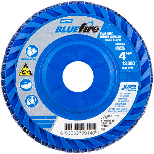 ‎4-1/2 × 7/8″ BlueFire Plastic Flat Flap Disc Type 27 P36 Grit R884P Zirconia Alumina - Makers Industrial Supply