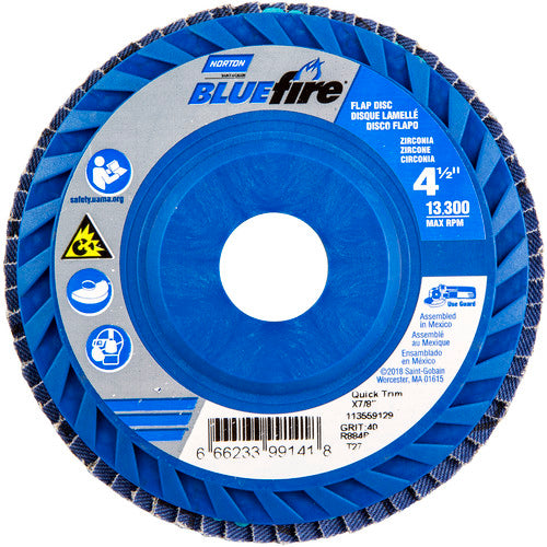 ‎4-1/2 × 7/8″ BlueFire Plastic Flat Flap Disc Type 27 P40 Grit R884P Zirconia Alumina - Makers Industrial Supply