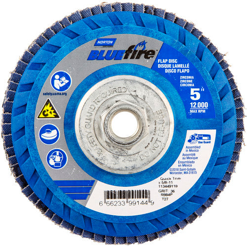 ‎5 × 5/8 - 11″ BlueFire Plastic Flat Flap Disc Type 27 P36 Grit R884P Zirconia Alumina - Makers Industrial Supply