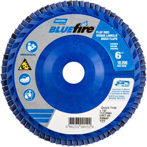 6 × 7/8″ BlueFire Plastic Flat Flap Disc Type 27 P40 Grit R884P Zirconia Alumina - Makers Industrial Supply