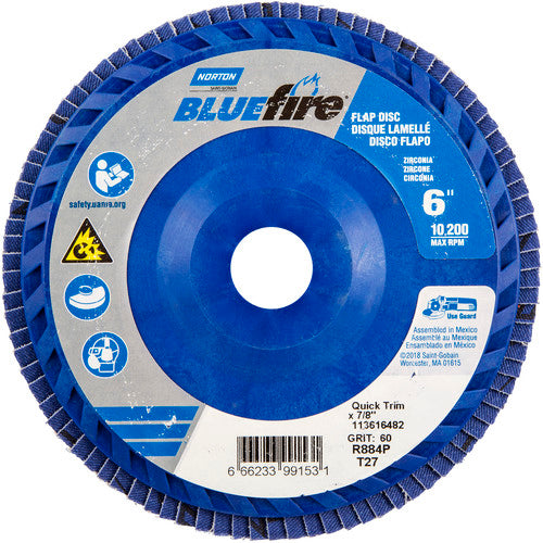 6 × 7/8″ BlueFire Plastic Flat Flap Disc Type 27 P60 Grit R884P Zirconia Alumina - Makers Industrial Supply