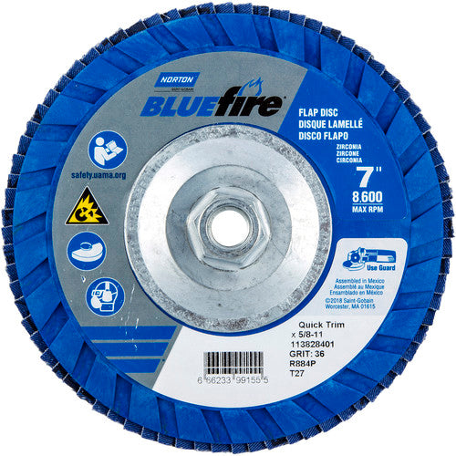 ‎7 × 5/8 - 11″ BlueFire Plastic Flat Flap Disc Type 27 P36 Grit R884P Zirconia Alumina - Makers Industrial Supply