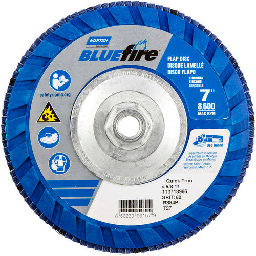 ‎7 × 5/8 - 11″ BlueFire Plastic Flat Flap Disc Type 27 P60 Grit R884P Zirconia Alumina - Makers Industrial Supply