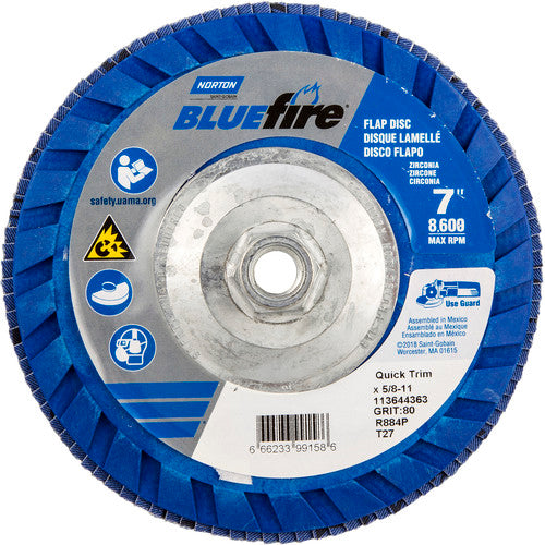 ‎7 × 5/8 - 11″ BlueFire Plastic Flat Flap Disc Type 27 P80 Grit R884P Zirconia Alumina - Makers Industrial Supply