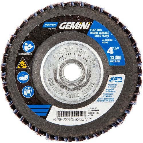 ‎4-1/2 × 5/8 - 11″ Gemini Fiberglass HD Flat Flap Disc Type 27 P36 Grit R766 Zirconia Alumina - Makers Industrial Supply