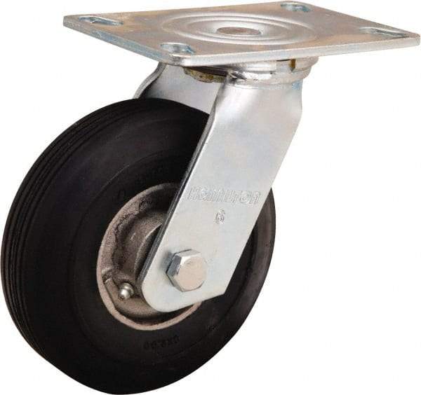 Hamilton - 6" Diam x 2" Wide, Rubber Swivel Caster - 300 Lb Capacity, Top Plate Mount, 4-1/2" x 6-1/4" Plate, Straight Roller Bearing - Makers Industrial Supply