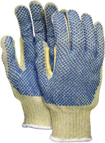 MCR Safety - Size L (9), ANSI Cut Lvl 5, PVC Coated Kevlar/Spectra/Stainless Steel Cut Resistant Gloves - Fully Coated Coated, Continuous Knit Cuff, Yellow/Blue, Paired - Makers Industrial Supply