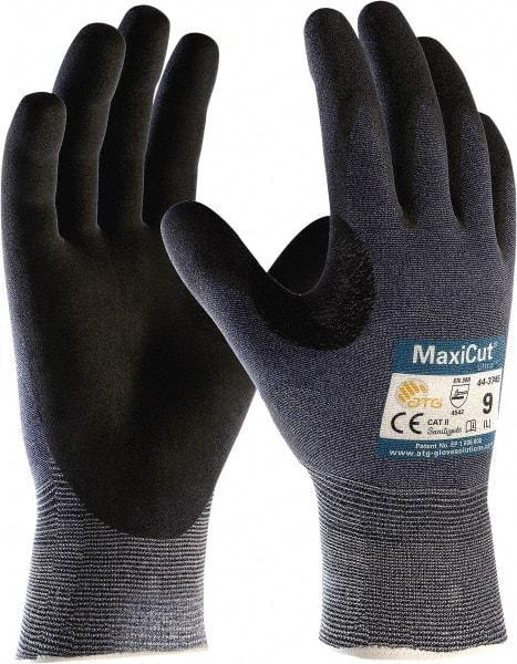 ATG - Size S (7), ANSI Cut Lvl A3, Puncture Lvl 2, Abrasion Lvl 4, Micro-Foam Nitrile Coated Nylon/Spandex Cut & Puncture Resistant Gloves - Palm Coated, Knit Wrist, Blue/Black, Paired - Makers Industrial Supply