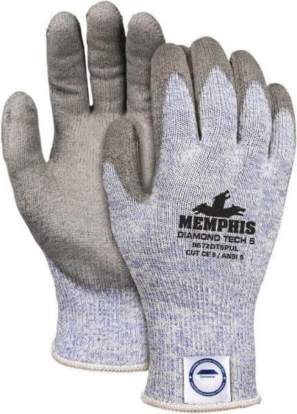 MCR Safety - Size L (9), ANSI Cut Lvl 5, Polyurethane Coated Dyneema Cut Resistant Gloves - 9.85" Long, Palm & Fingertips Coated, Elastic Cuff, Gray/Blue, Paired - Makers Industrial Supply