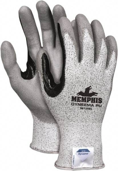 MCR Safety - Size M (8), ANSI Cut Lvl 2, Polyurethane Coated Dyneema Cut Resistant Gloves - 12.8" Long, Palm & Fingertips Coated, Elastic Cuff, Gray/Black, Paired - Makers Industrial Supply