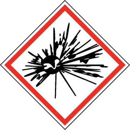 NMC - Hazardous Materials Label, Header: Explosive Warning - Legend: GHS - Graphic, English, Black & Red, 2" Long x 2" High, No Coating - Makers Industrial Supply