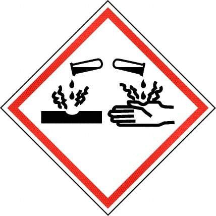 NMC - Hazardous Materials Label, Header: Corrosive Warning - Legend: GHS - Graphic, English, Black & Red, 2" Long x 2" High, No Coating - Makers Industrial Supply