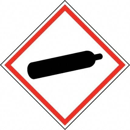 NMC - Hazardous Materials Label, Header: Compressed Gas Warning - Legend: GHS - Graphic, English, Black & Red, 2" Long x 2" High, No Coating - Makers Industrial Supply