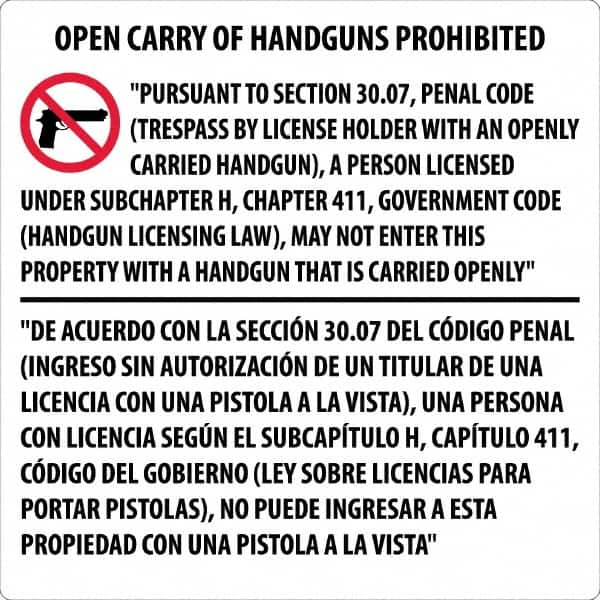 NMC - "Open Carry of Handguns Prohibited", 30" Long x 30" Wide, Aluminum Safety Sign - Square, 0.118" Thick, Use for Accident Prevention - Makers Industrial Supply