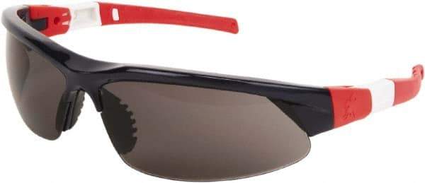 MCR Safety - Gray Lenses, Framed Safety Glasses - Anti-Fog, Red/White/Blue Frame, Size Universal, Wrap Around - Makers Industrial Supply