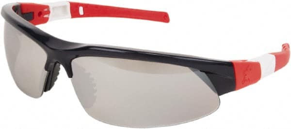 MCR Safety - Silver Mirror Lenses, Framed Safety Glasses - Scratch Resistant, Red/White/Blue Frame, Size Universal, Wrap Around - Makers Industrial Supply