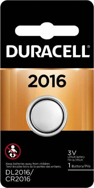 Duracell - Size 2016, Lithium, 1 Pack, Button & Coin Cell Battery - 3 Volts, Flat Terminal, CR2016, ANSI 5000LC Regulated - Makers Industrial Supply