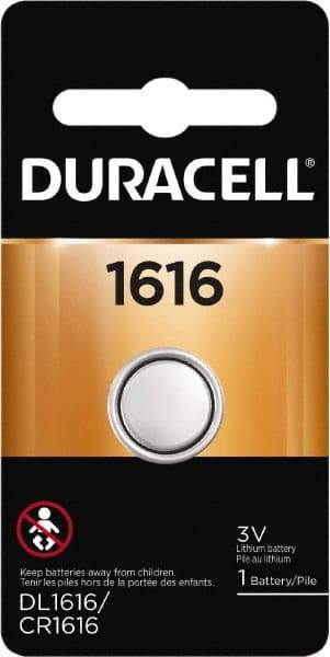 Duracell - Size 1616, Lithium, 1 Pack, Button & Coin Cell Battery - 3 Volts, Flat Terminal, CR1616, ANSI 5021LC Regulated - Makers Industrial Supply