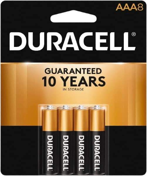 Duracell - Size AAA, Alkaline, 8 Pack, Standard Battery - 1.5 Volts, Button Tab Terminal, LR03, ANSI 24A Regulated - Makers Industrial Supply