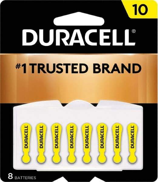 Duracell - Size 10, Zinc Air, 8 Pack, Hearing Aid Battery - 1.4 Volts, Flat Terminal, PR70, ANSI 7005ZD Regulated - Makers Industrial Supply