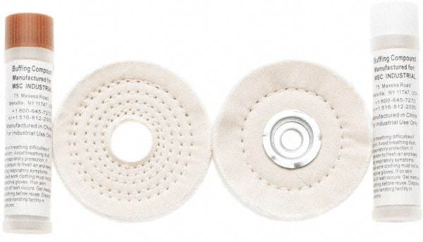 Value Collection - 4" Diam Cushion Sewn, Spiral Sewn Buffing Wheel Set - 1/2 & 7/8" Arbor Hole - Makers Industrial Supply