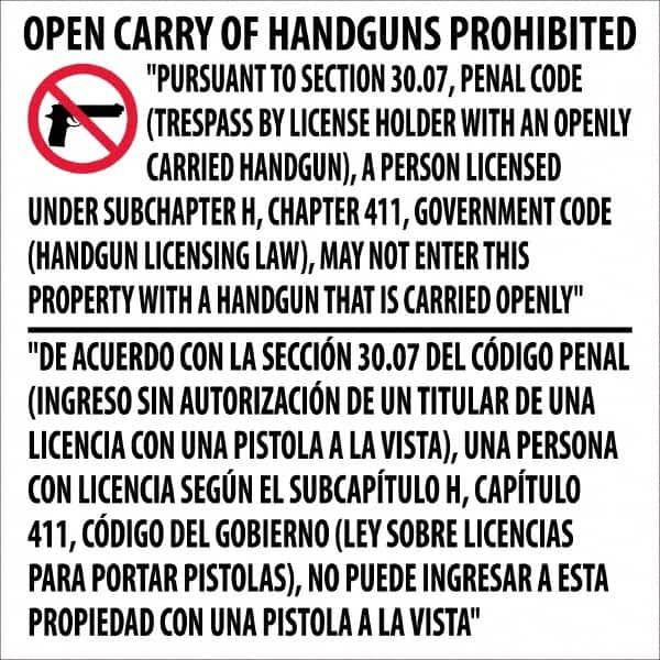 NMC - "Open Carry of Handguns Prohibited", 24" Long x 24" Wide, Pressure-Sensitive Vinyl Safety Sign - Rectangle, Use for Accident Prevention - Makers Industrial Supply