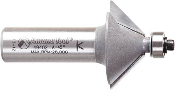 Amana Tool - 1-1/4" Cut Diam, 1/2" Length of Cut, 2 Flute Chamfer Edge Profile Router Bit - Carbide-Tipped, 1/2" Shank Diam, 2-3/8" OAL, Uncoated - Makers Industrial Supply