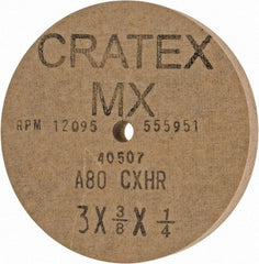 Cratex - 3" Diam x 1/4" Hole x 3/8" Thick, 80 Grit Surface Grinding Wheel - Aluminum Oxide, Type 1, Medium Grade, 12,095 Max RPM, No Recess - Makers Industrial Supply