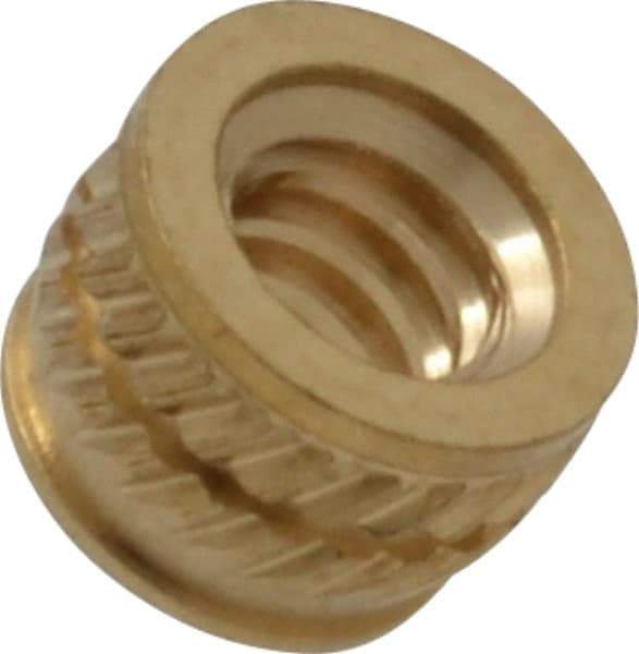 E-Z LOK - #6-32, 0.199" Small to 0.206" Large End Hole Diam, Brass Single Vane Tapered Hole Threaded Insert - 0.22" Insert, 0.203" Pilot Diam, 0.15" OAL, 0.116" Min Wall Thickness - Makers Industrial Supply